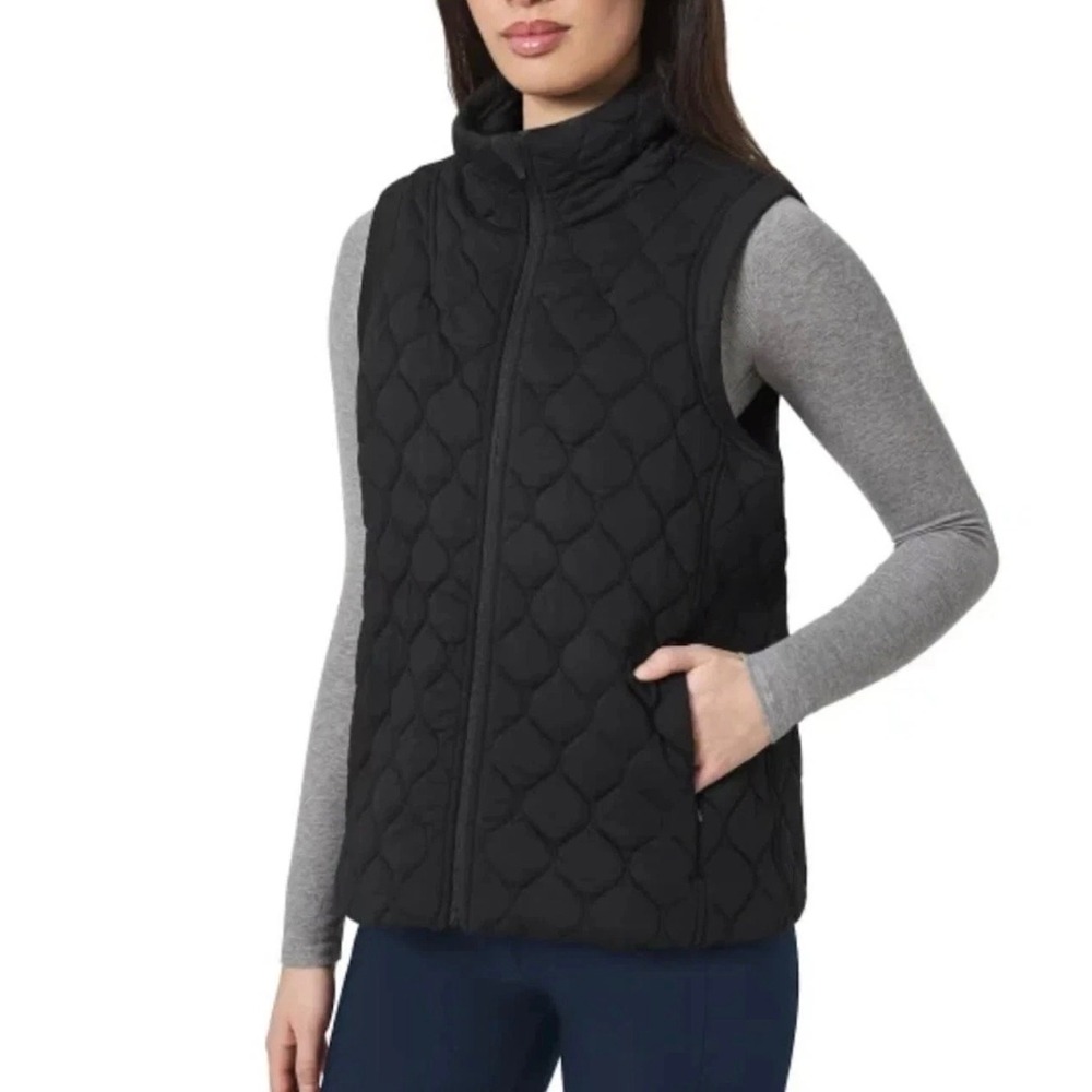 NWT Kirkland Signature Womens Black Quilted Full Zip Vest Mock Neck Stretch •M•‎
